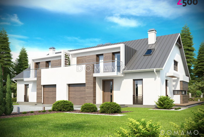 Проект современных мансардных домов-близнецов из кирпича с гаражом, слуховым окном и балконом