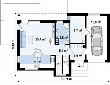 Проект современного двухэтажного дома из газобетона с техническим помещением, гаражом и открытой террасой на втором этаже / План 1 этажа
