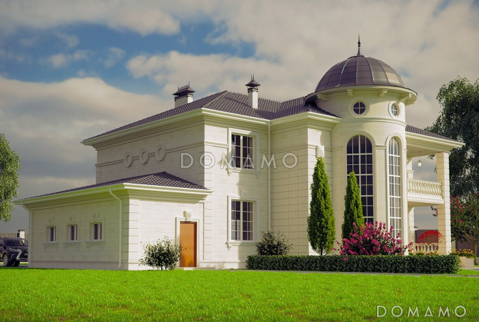 Проект двухэтажного дома в византийском стиле из газобетона с двумя круглыми эркерами и гаражом