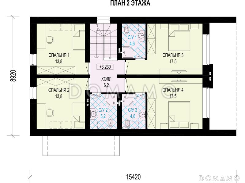 Проект дома с террасой, просторной гостиной, комнатами с санузлом / План мансардного этажа
