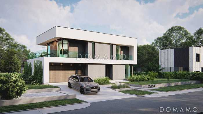 Проект загородного дома с гаражом на две машины, светлой гостиной, террасой, балконом