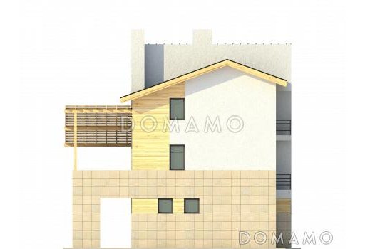 Проект загородного дома с навесом на две машины, крытой террасой, техническими помещениями на первом этаже / Фасад 3