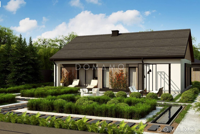 Проект одноэтажного дома с мастер-спальней, просторной гостиной с камином, террасой