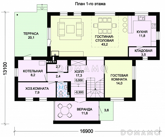 Проект дома из панелей SIP с четырьмя просторными спальными комнатами на мансардном этаже / План 1 этажа