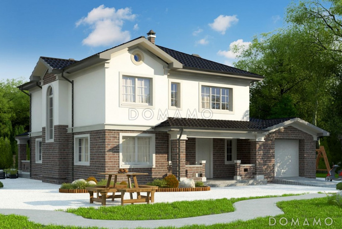 Проект современного двухэтажного дома из кирпича с пятью комнатами, гаражом и крытой террасой