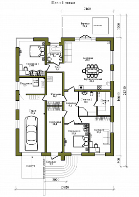 Проект одноэтажного дома в стиле хай-тек с гаражом и спа-бассейном на террасе / План 1 этажа