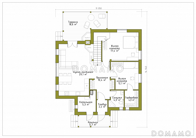 Проект коттеджа с эргономичной планировкой и террасой с барбекю / План 1 этажа