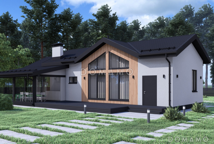 Проект современной бани с просторной гостиной и большой террасой S-93