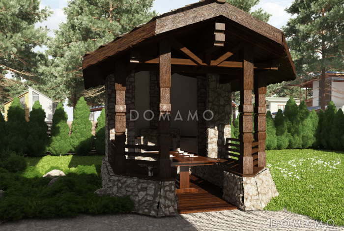 Проект беседки традиционной формы с обеденной зоной и зоной барбекю
