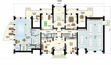 Проект загородного дома с бассейном, комнатами для отдыха и спорта, террасами, большим гаражом, спальнями на втором этаже / План 1 этажа