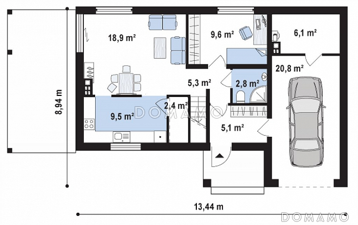 Проект двухэтажного дома из газобетона с четырьмя комнатами, с гаражом и террасой над ним / План 1 этажа
