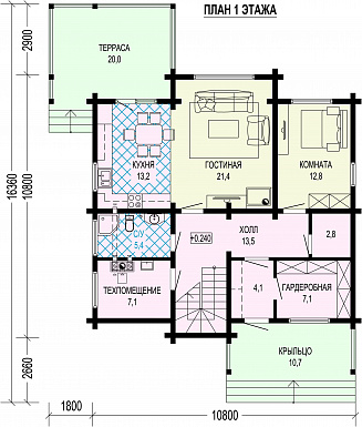 Проект двухэтажного дома из бруса с кабинетом, 4 спальнями и большой гардеробной у входа / План 1 этажа
