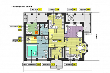 Загородный дом с двумя террасами, залом с бассейном, сауной, спортзалом на мансардном этаже / План 1 этажа
