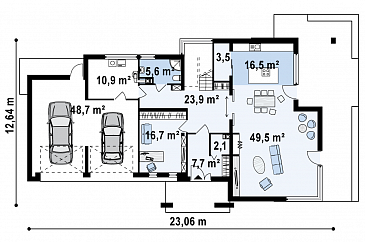Проект современного двухэтажного дома в стиле хай-тек из газобетона с плоской крышей, балконом и гаражом с двумя отдельными въездами  / План 1 этажа