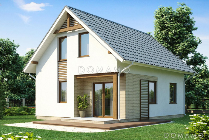 Проект дома с террасой, санузлом с окном, спальней на первом этаже