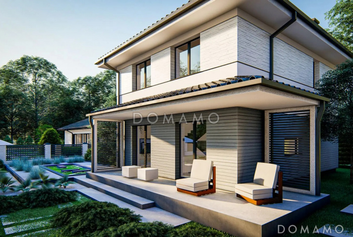 Проект загородного дома для семьи с детьми, просторной ванной, террасой