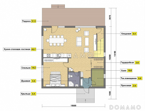 Проект каркасного дома 10х10 с мансардой / План 1 этажа