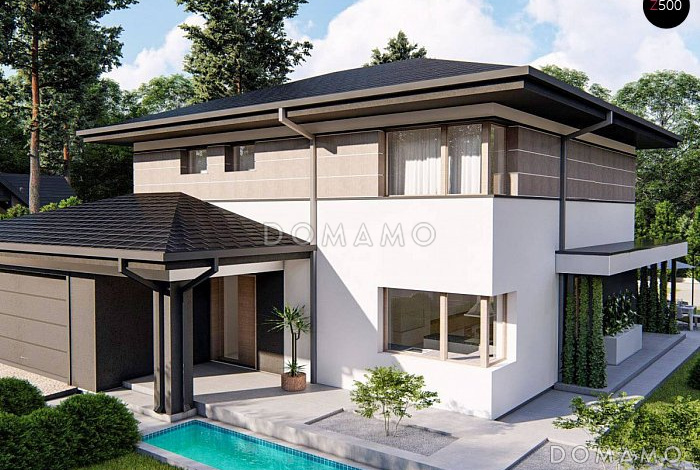 Проект двухэтажного дома с подвалом, гаражом на 2 машины, кабинетом, мастер-спальней  с балконом