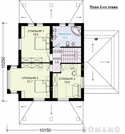 Проект двухэтажного газобетонного дома с гаражом,, масштабным остеклением и двумя террасами / План 2 этажа