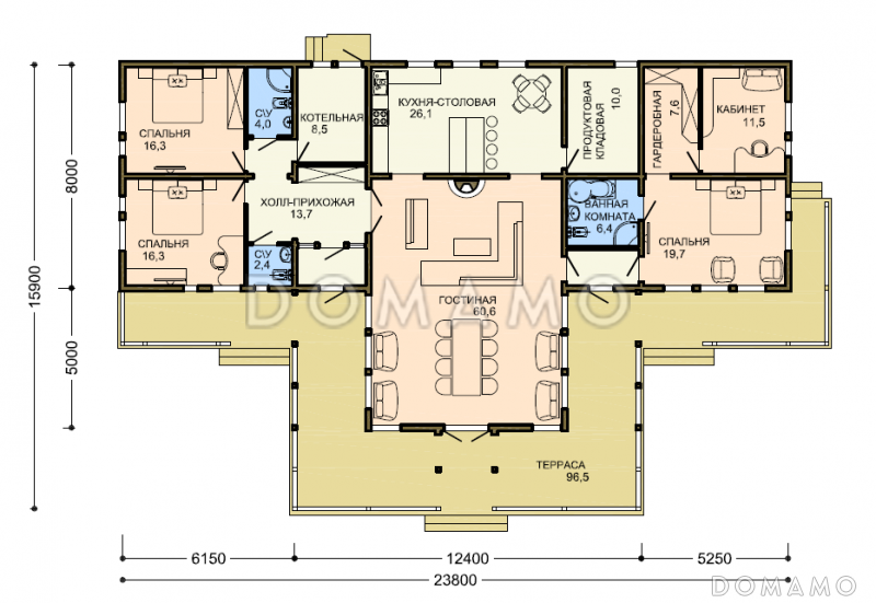 Проект большого одноэтажного дома с обширной террасой и приватной хозяйской территорией / План 1 этажа