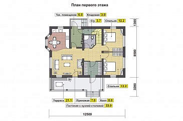 Проект дома с эркером в кухне, двумя спальнями на первом этаже, гостиной с камином, террасой / План 1 этажа
