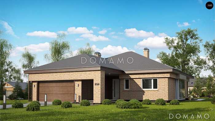 Проект одноэтажного дома из газобетона со стеклянным эркером в просторной гостиной и гаражом на два автомобиля с кирпичной облицовкой