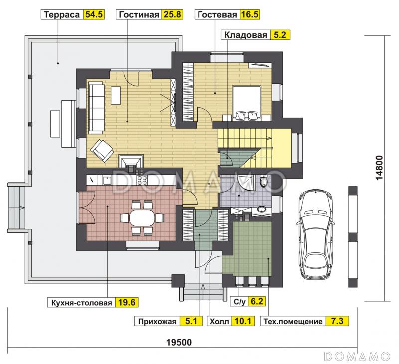 Проект шале с вторым светом и террасой по периметру / План 1 этажа