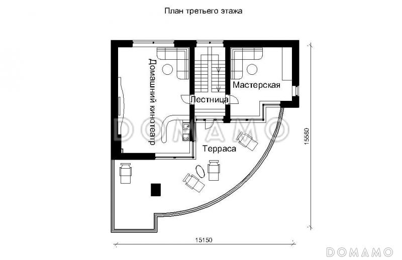 Проект трехэтажного дома с панорамными стеклами / План 3 этажа