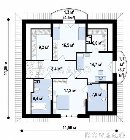 Проект загородного дома с цокольным этажом, камином на террасе, просторной гостиной, кладовой в кухне / План мансардного этажа