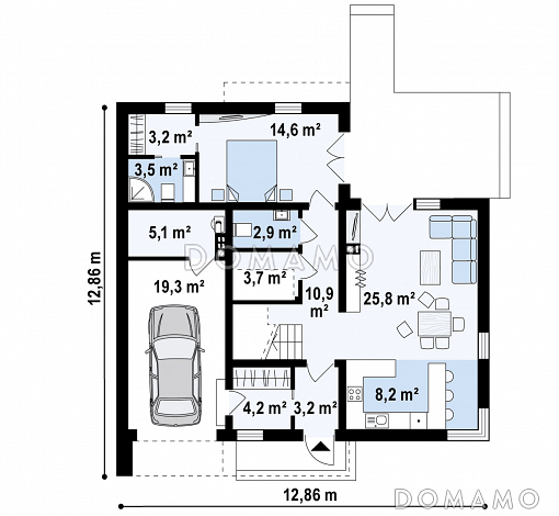 Проект компактного современного двухэтажного дома из газобетона в стиле модерн, с террасой на втором уровне и с гаражом / План 1 этажа