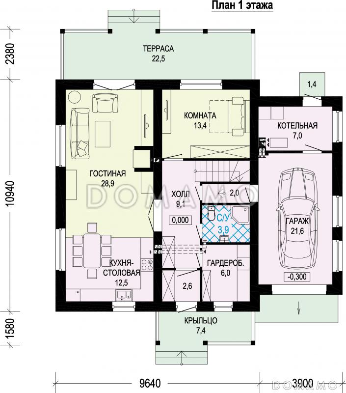 Проект двухэтажного газобетонного дома c пристроенным гаражом и котельной / План 1 этажа