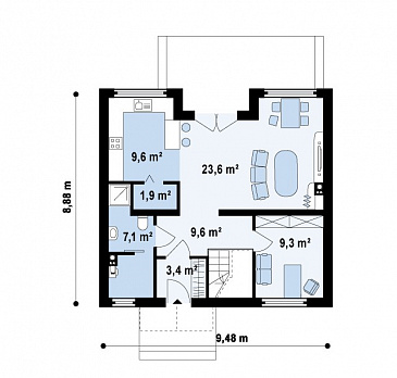 Проект одноэтажного мансардного дома из кирпича с кабинетом и балконом / План 1 этажа