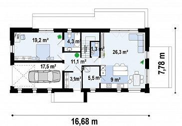 Проект загородного дома со вторым светом, гаражом, гостевой с санузлом на первом этаже / План 1 этажа