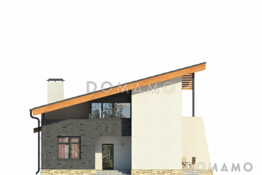 Проект загородного дома из SIP панелей с косой крышей, открытой террасой, двумя балконами, панорамными окнами / Фасад 4