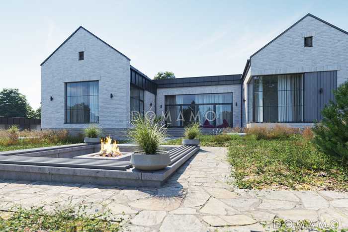 Проект дома с патио, двумя приватными зонами и кабинетом