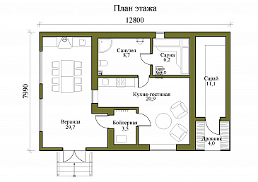 Проект одноэтажной бани с верандой, дровником и сараем / План 1 этажа
