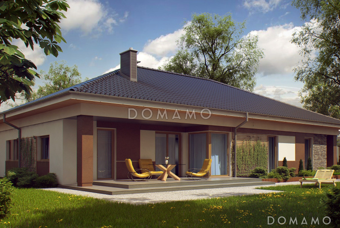 Проект просторного одноэтажного дома из газобетона со встроенным гаражом 