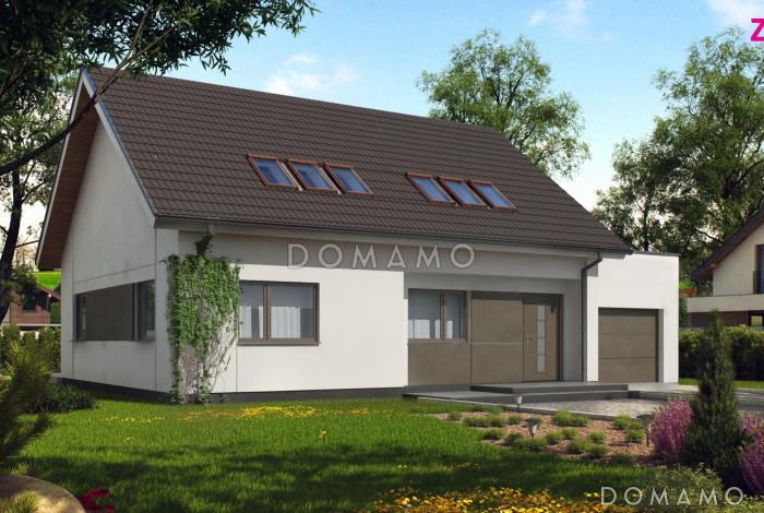 Проект одноэтажного коттеджа из кирпича с мансардным этажом со вторым светом, большим панорамным окном и гаражом