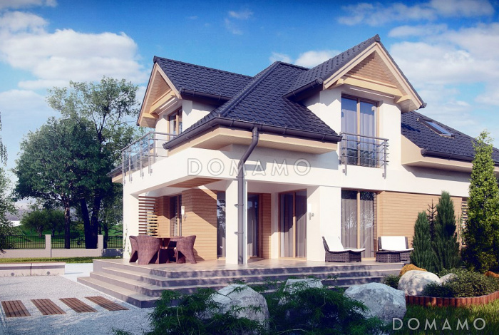 Проект дома с гаражом, просторной гостиной, французскими балконами, чердаком