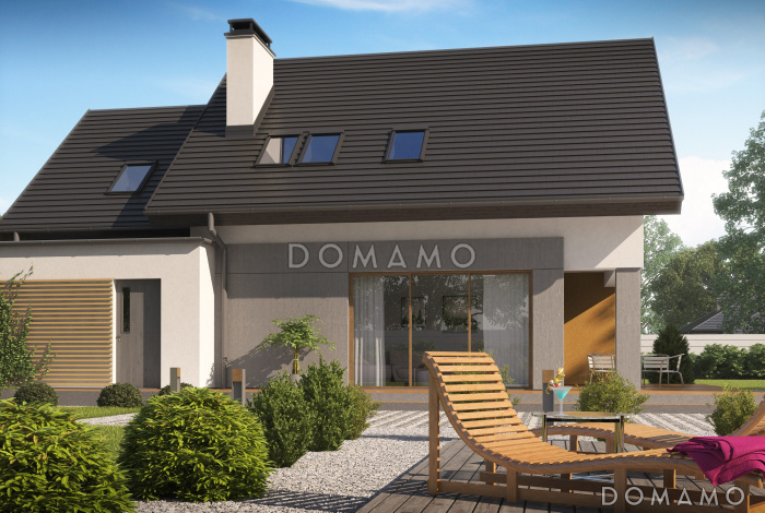 Проект одноэтажного мансардного дома из газобетона с большой гостиной, гаражом и частично крытой террасой