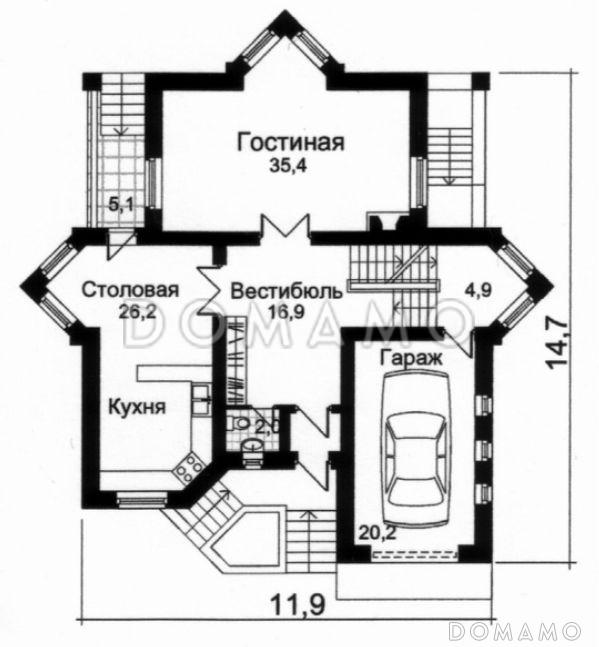 Проект кирпичного дома с гаражом и сауной / План 1 этажа