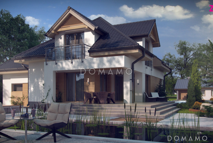 Проект одноэтажного мансардного дома из кирпича с кабинетом, гаражом и комнатой над гаражом