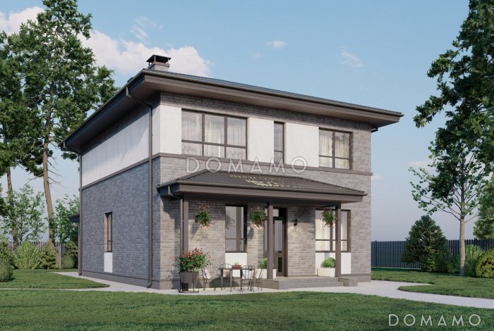 Проект двухэтажного каркасного дома с крытой террасой и четырьмя спальнями на втором этаже