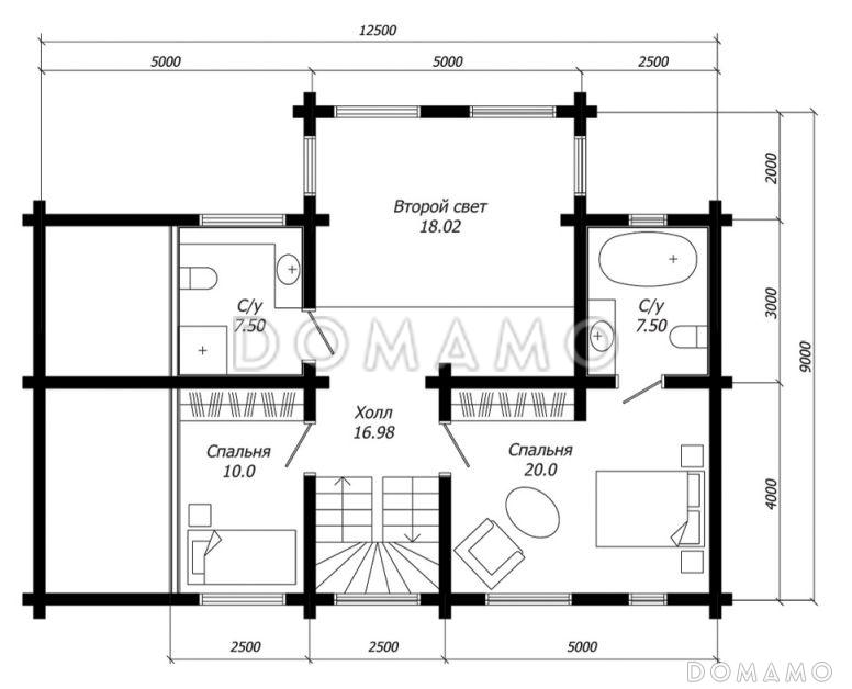 Проект дома из клееного бруса с гостиной эффектно совмещеной с зоной второго света / План 2 этажа