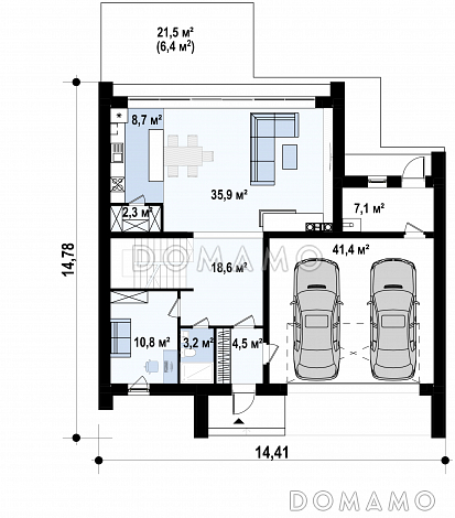 Проект загородного дома с панорамным остеклением, кабинетом, просторной гостиной, гаражом на 2 машины / План 1 этажа