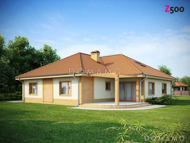 Проект одноэтажного дома из кирпича с тремя спальнями, просторной гостиной и гаражом