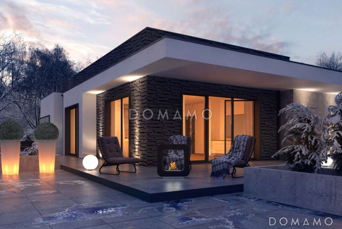 Проект просторного современного одноэтажного углового дома из газобетона с плоской крышей, с гаражом и отделённой спальной зоной