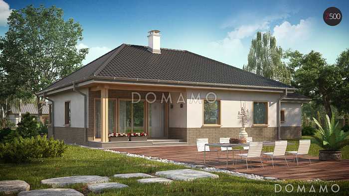 Проект одноэтажного дома из газобетона адаптированного для сейсмозоны с тремя спальнями, угловым окном в кухне и гаражом