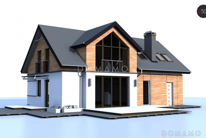 Проект увеличенного одноэтажного мансардного дома из кирпича с гаражом и большим фронтонным окном