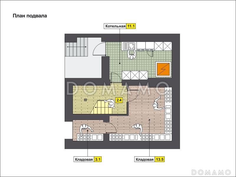Проект дома с котельной в подвале, двумя кладовыми, спальнями с гардеробом / План цокольного этажа